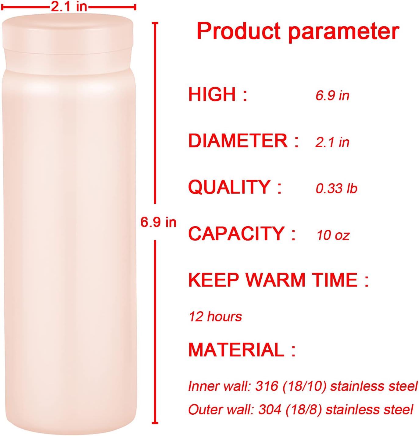 10oz Mini Water Bottle Stainless Steel Thermos Small Flask - Insulated Vacuum, Leak Proof, Keeps Drinks Hot/Cold - Ideal for Coffee, Tea, Water - Pink