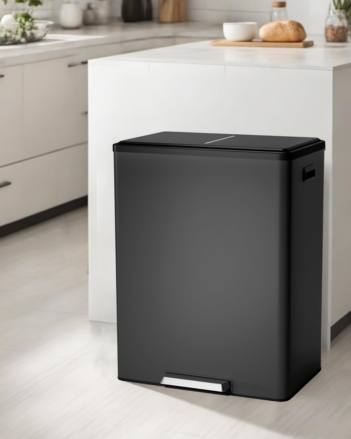 Garvee Dual Trash Can for Recycling and Trash, 2 x 30 L (60 L) Stainless Steel Kitchen Trash Can with Lid and Foot Pedal, Double Compartment Garbage Can, with Recycling Bin, 2 x 8 Gallon