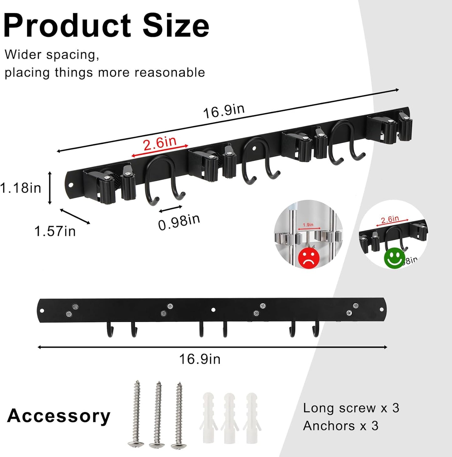 Mop Broom Holder Wall Mount, Black Stainless Steel Tool Storage Organizer for Kitchen Garden Garage Laundry Room Bathroom and RV with 4 Slots 6 Hooks