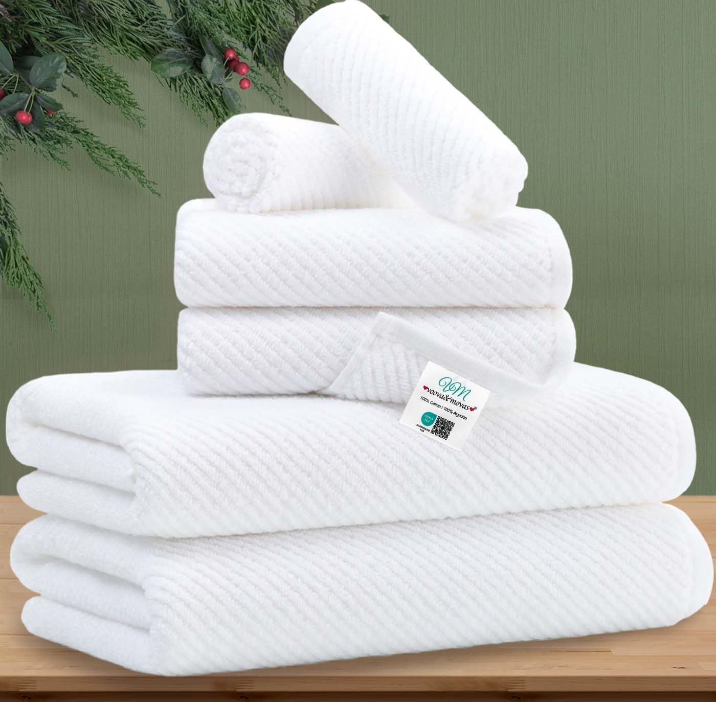 VOOVA & MOVAS White Towels Bathroom Sets - 100% Cotton | Quick Dry | Lightweight | Thick, 6PCS Bath Towels Set, 2 Large Bath 30"x56", 2 Hand 18"x28", 2 Wash Cloths 13"x13", Hotel Shower Towel Luxury