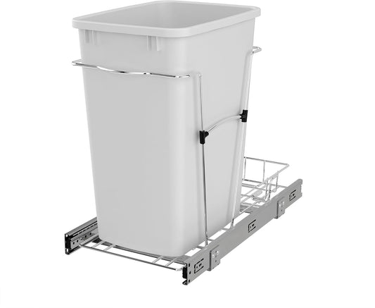 Rev-A-Shelf Pullout Trash Can for Kitchen Cabinets 35 Quart Garbage Waste Recycling Bin with Full Extension Slides, White, RV-12KD-11C