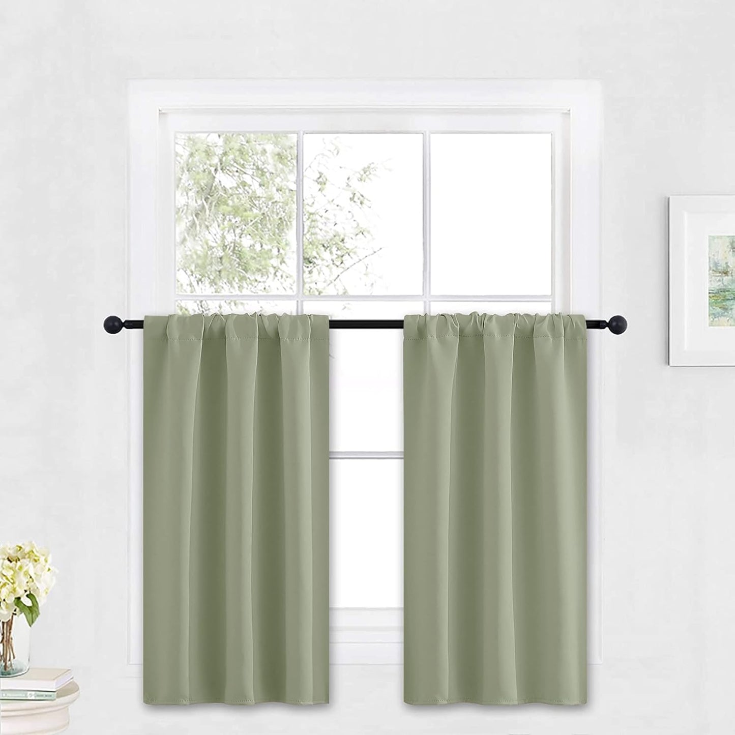 RYB HOME Small Curtains Blackout - Privacy Insulating Farmhouse Mini Curtains for Kids Bedroom RV Camper Windows Trailer Bathroom Kitchen Cabinet Door Window, W 29 x L 36, Sage Green, 2 Panels