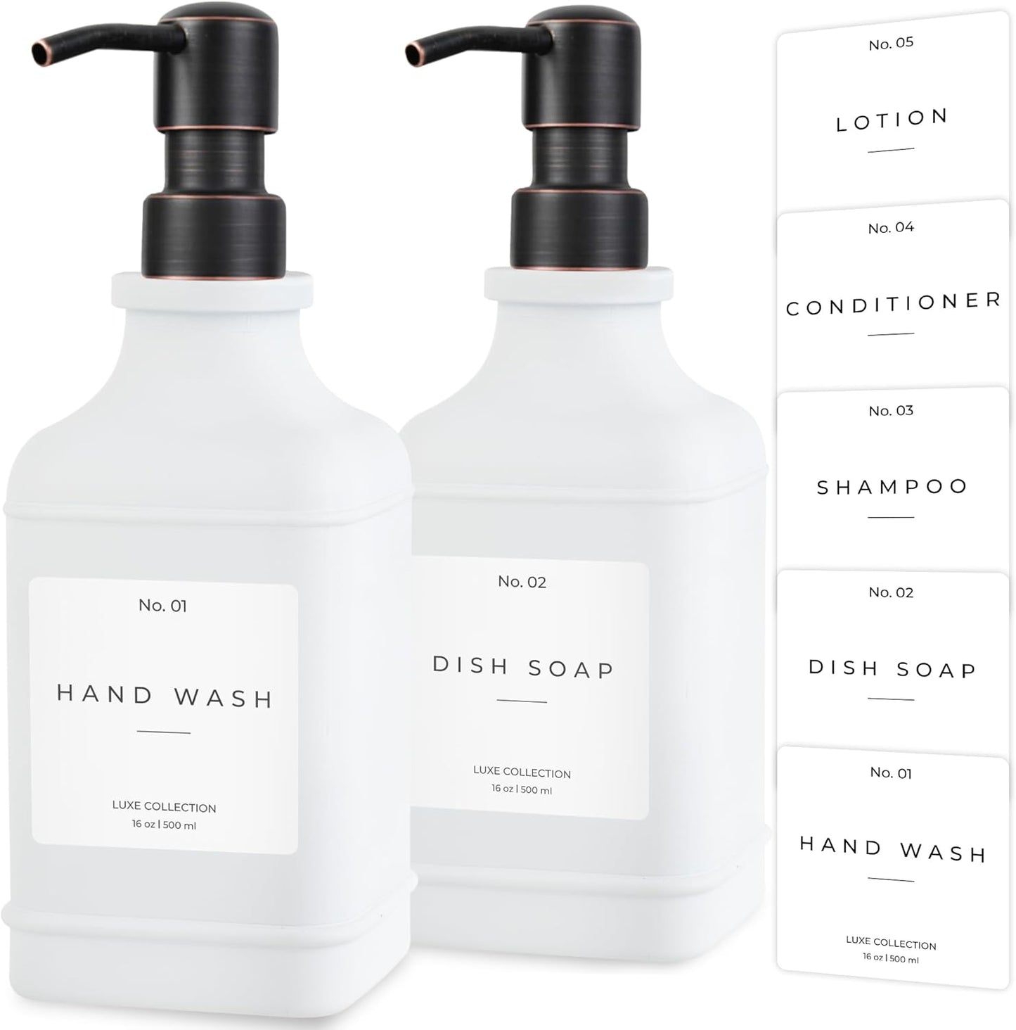 Emerson Essentials Soap Dispenser, Dish Soap Dispenser, Farmhouse Bottles, Hand Soap Dispenser, Kitchen Soap Dispenser Set - Glass Soap Dispenser with Pump and Labels, 16 Oz, 2 Pack