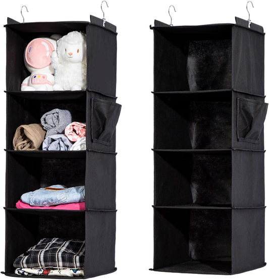 2 Packs Hanging Closet Organizer, 4-Shelf Closet Organizers and Storage with Side Pockets, Collapsible Hanging Shelves for Closet & RV & College Dorm,Black