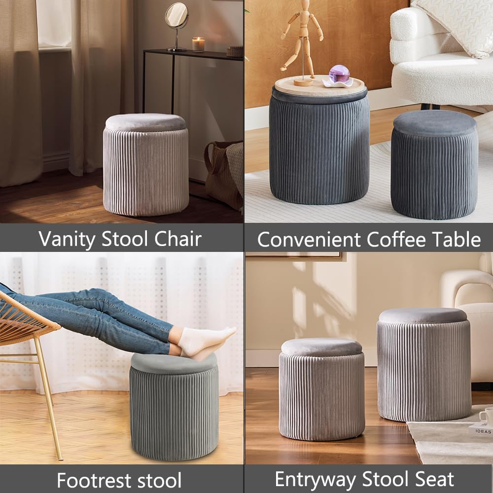 Round Ottoman with Storage Set of 2-Upholstered Velvet Vanity Stool for Makeup Multifunctional Ottomans Coffee Table Padded Seat Foot Rest for Living Room&Bedroom (Light Grey-Upgrade Tray Lid)