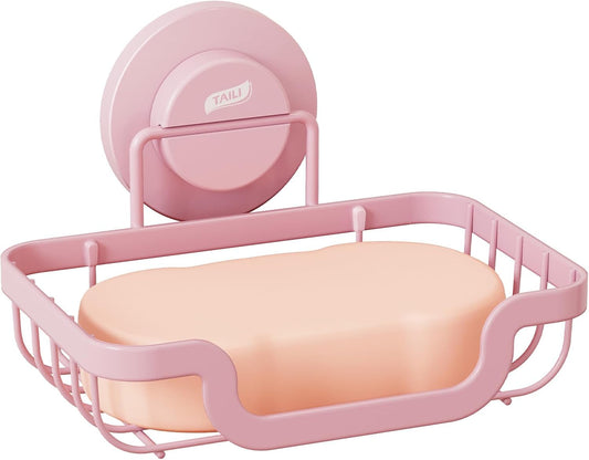 TAILI Soap Holder Bar Dish Suction Cup, Bar Shampoo Rack for Shower Wall, Draining Soap Saver Tray for Bathroom, Rustproof Stainless Steel Sponge Holder for Tub, Kitchen, Drill-Free, Pink