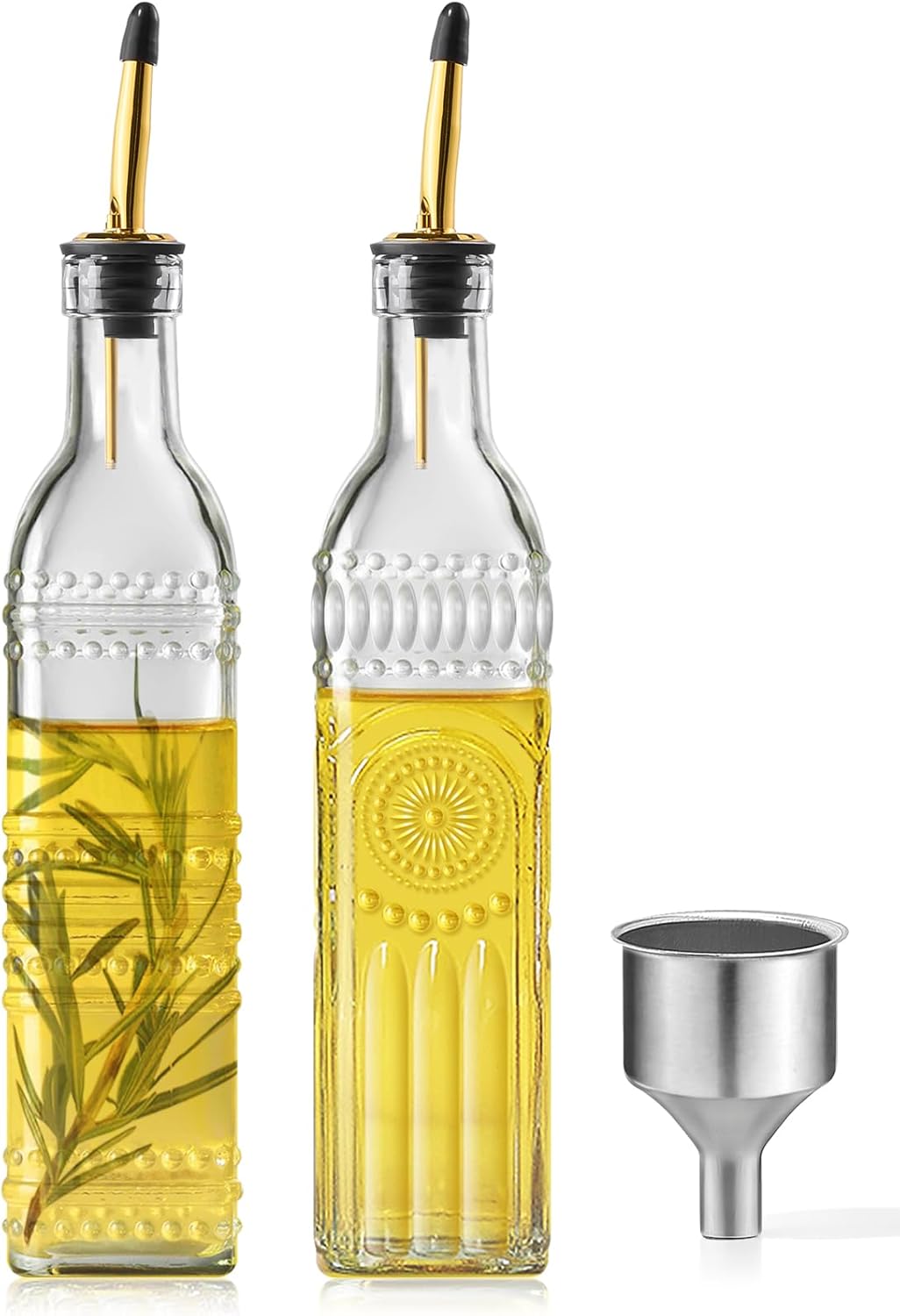 2 Pcs Olive Oil Dispenser Bottle for Kitchen,17oz Clear Glass Cooking Oil and Vinegar Dispenser Set, Coffee Syrup Dispenser with 2 Pourers and 1 Funnel (Two squares)