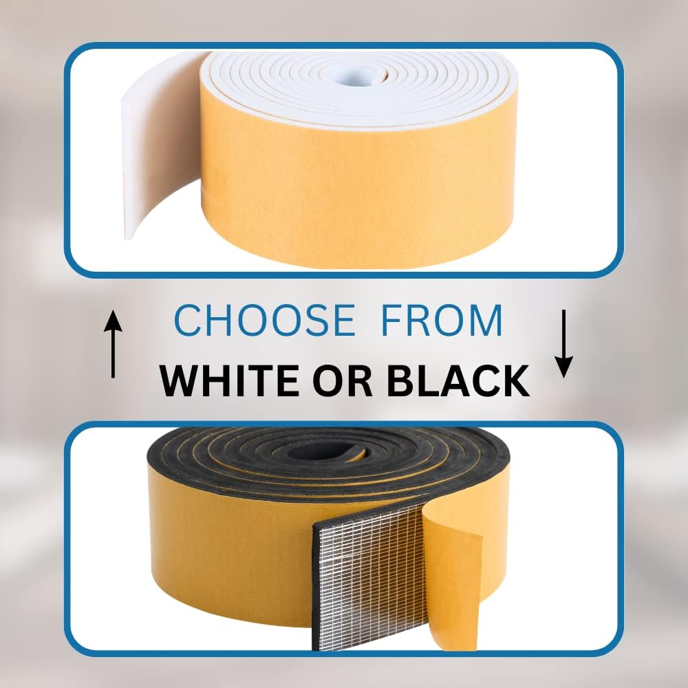 High Density Foam Weather Stripping Door Seal Strip Insulation Tape Roll for Insulating Door Frame, Window, Air Conditioner | Self Adhesive Sealing Weatherstrip (2 in x 1/4 in x 10 Ft, White)
