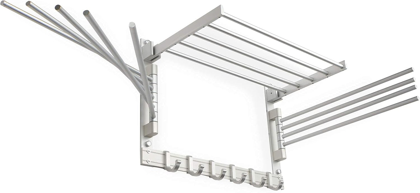 brightmaison BGT Wash Clothes Drying Rack Wall Mount Laundry Room Organizer with Hooks & Swing Arms, 17" Metal Laundry Rack Silver