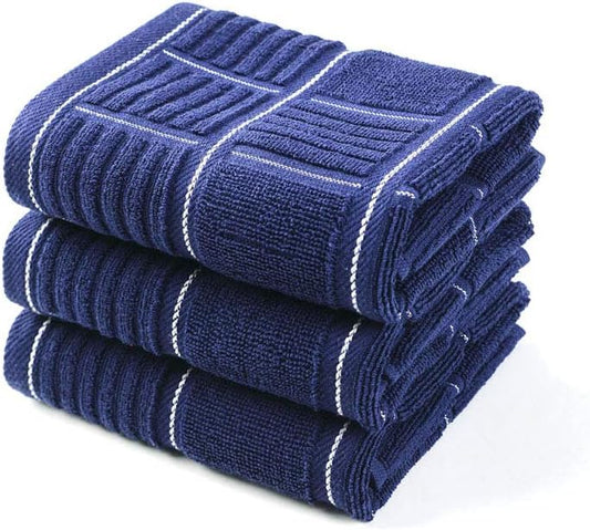 Anyi 100% Cotton Kitchen Towels, Absorbent Dish Towels with Hanging Loop, Soft Kitchen Hand Towels for Washing Drying Dishes(16x26, Set of 3, Navy)