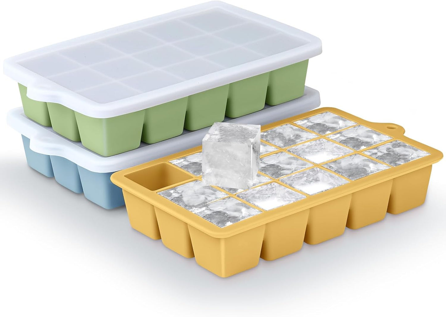 Silicone Ice Cube Trays 3Packs, Easy Release Ice Cube Molds with Lid, Freezer Stackable Ice Maker for Whiskey, Baby Food, BPA Free (3, Blue+Green+Yellow)