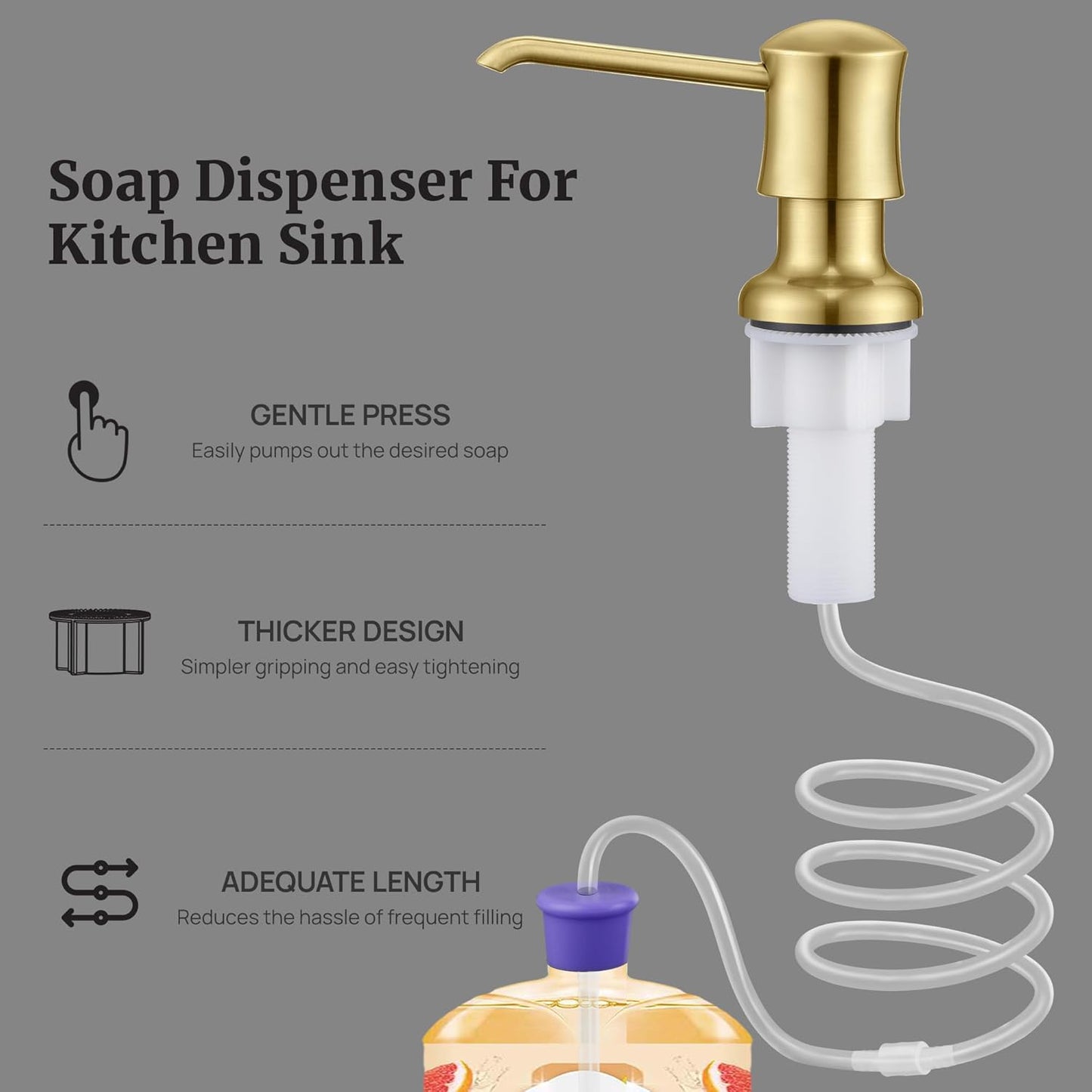 Sink Soap Dispenser for Kitchen Sink Brushed Gold Upgrade with 40" Silicone Extension Tube Kit, Connect to Your Soap Bottle Directly