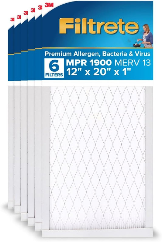 Filtrete 12x20x1 AC Furnace Air Filter, MERV 13, MPR 1900, Premium Allergen, Bacteria & Virus Filter, 3-Month Pleated 1-Inch Electrostatic Air Cleaning Filter, 6-Pack (Actual Size 11.81x19.81x0.78 in)