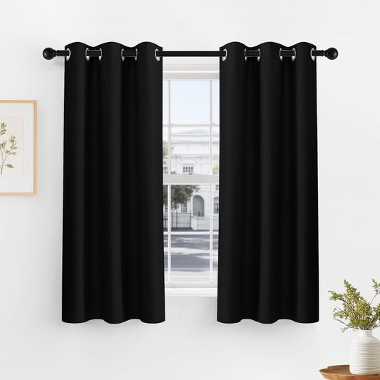 PONY DANCE Blackout Short Window Curtain Panels 40 inch Long - Thermal Insulated Drapes for Bedroom Dorm Storage Cabinet Door Kitchen Basement Farmhouse Decor, Black, W 42 x L 40 inches, 2 Panels