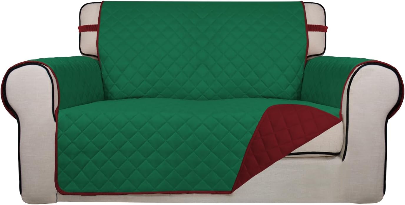 PureFit Reversible Quilted Sofa Cover, Water Resistant Slipcover Furniture Protector, Washable Couch Cover with Non Slip and Elastic Straps for Kids, Dogs, Pets (Loveseat, Green/Red)