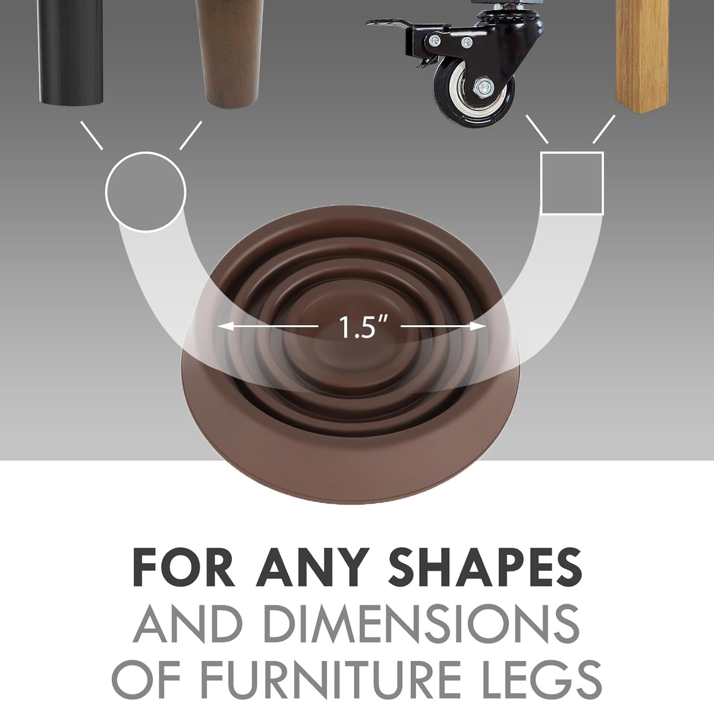 Furniture Coasters, 1.5X1.5 Rubber Caster Cups Non Slip Furniture Pads Non Skid Furnitures Grippers Anti Slide Floor Protector for Bed Couch Table Chair Stoppers - 4 Pack, Brown