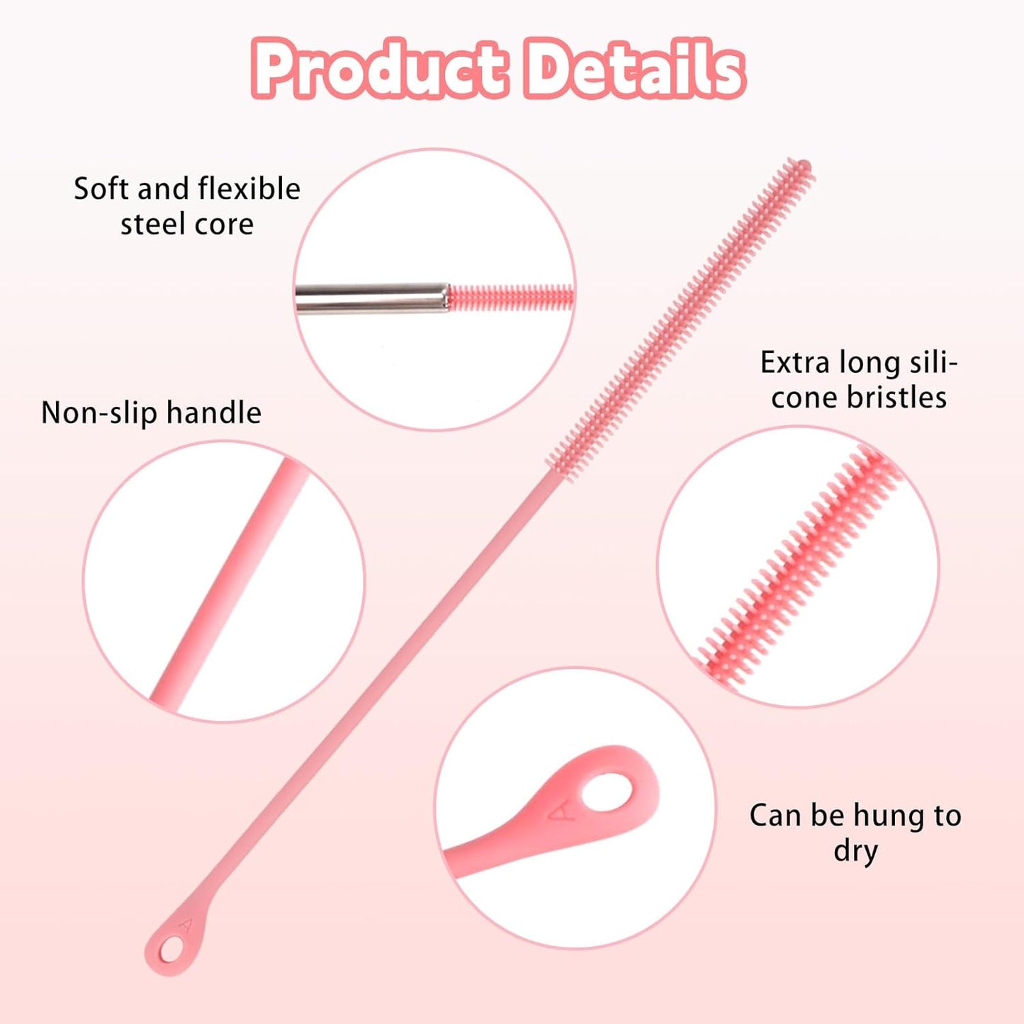 2pcs Silicone Straw Cleaner Brush, 9.5in Extra Long Reusable Straw Brush for Stanley, Metal, Glass Straws, Bendable Travel Drinking Bottle Lid Cleaning Tool for Crevice Pipe Tube (Pink)