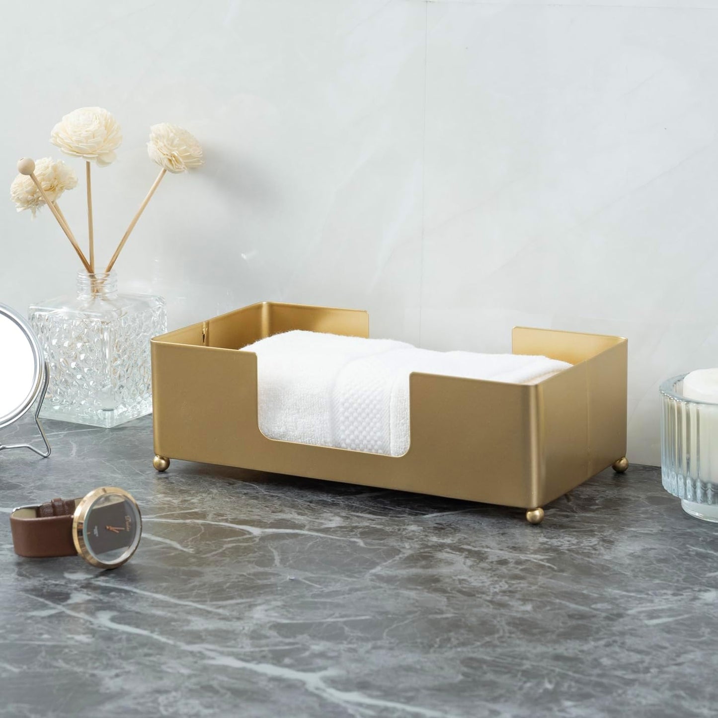 MyGift Paper Towel Holder Modern Gold-Tone Metal Tabletop Folded Paper Hand Towel Holder for Guest Bathroom, Commercial Countertop Tissue Paper Dispenser Tray for Trfold, C-Fold, Z-Fold