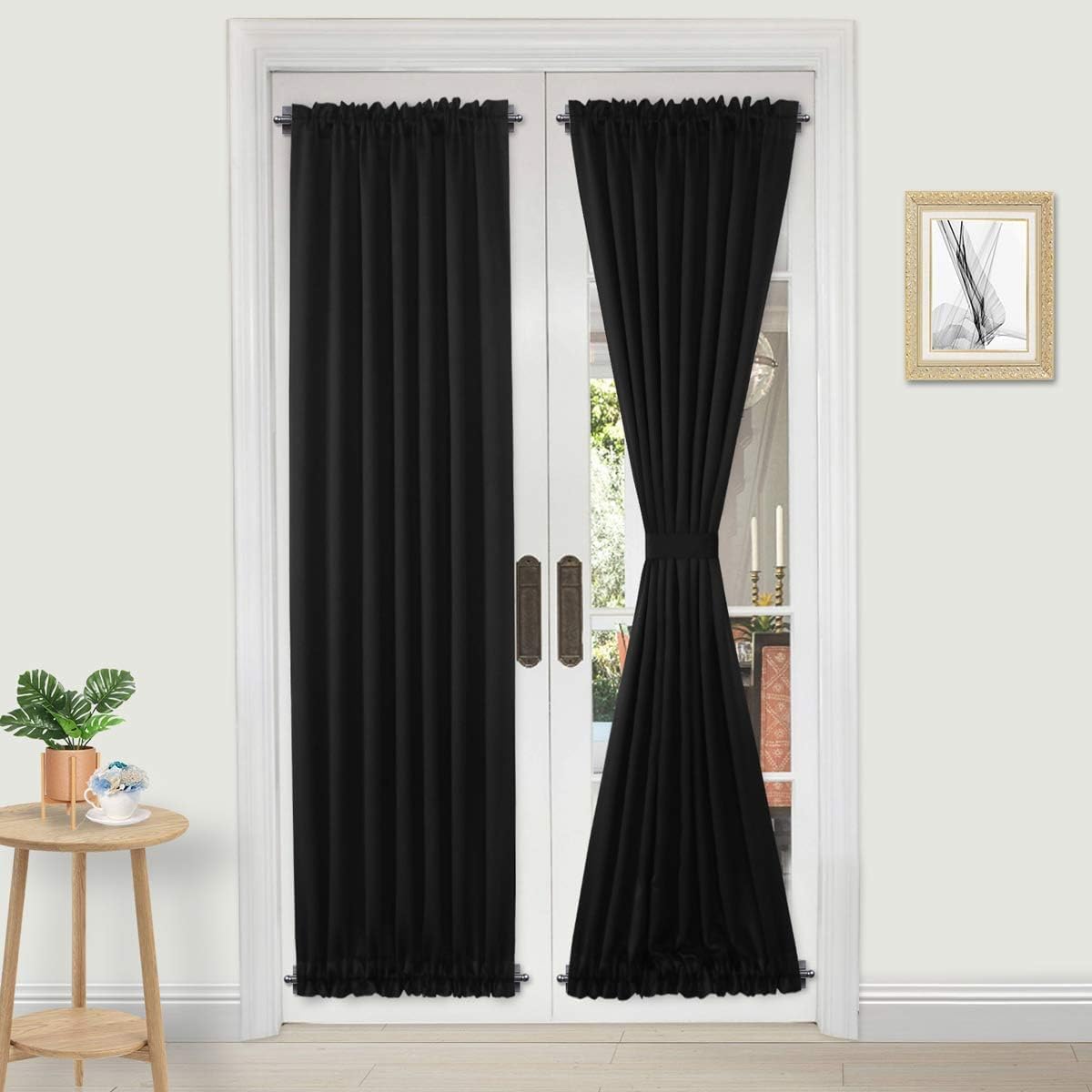 DWCN French Door Curtains – Rod Pocket Thermal Blackout Curtain for Doors with Glass Window, Kitchen and Patio Doors for Privacy, 25 X 80 Inches Long, 1 Curtain Panel with Tieback, Black