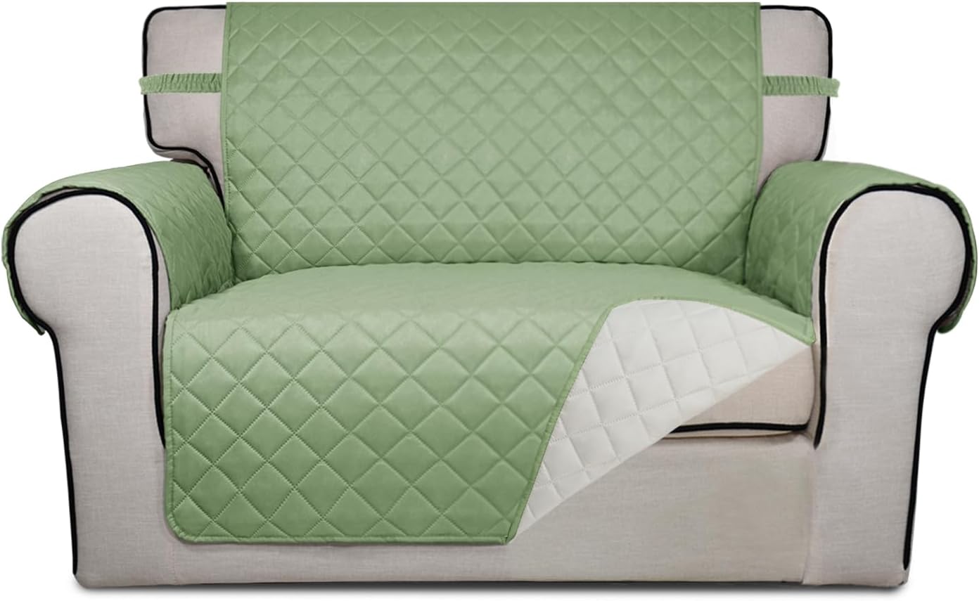 PureFit Reversible Quilted Sofa Cover, Water Resistant Slipcover Furniture Protector, Washable Couch Cover with Non Slip and Elastic Straps for Kids, Dogs (Oversized Chair, Sage Green/Ivory)