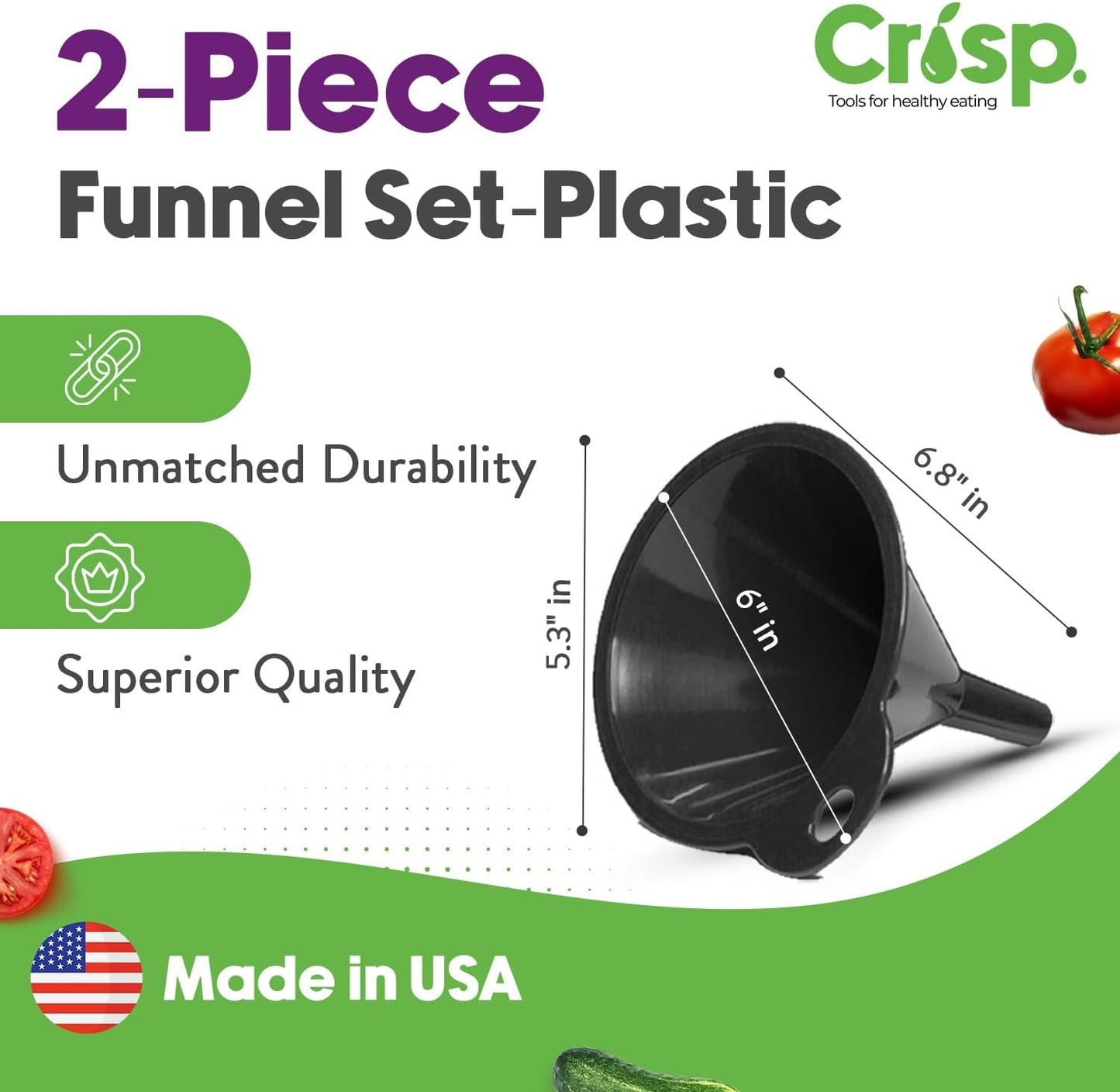 Crisp 2-Piece Funnel Set - All Purpose Funnels for Kitchen Use Filling Bottles - Durable & Dishwasher Safe Kitchen Funnel Set - Made in The USA - Black