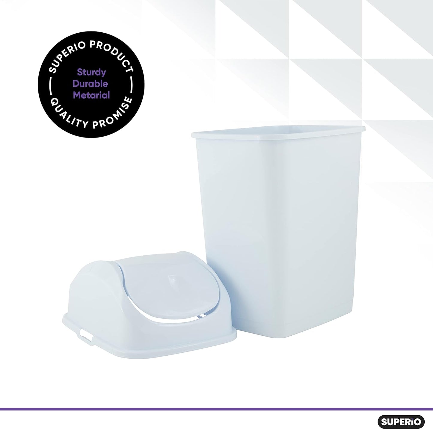 Superio Kitchen Trash Can with Swing Top Lid 9 Gallon Slim Waste Bin 37 Qt Sturdy Plastic Garbage Can Medium Recycling Bin for Office, Bathroom, Under Counter, Dorm, Bedroom (White-2 Pack)