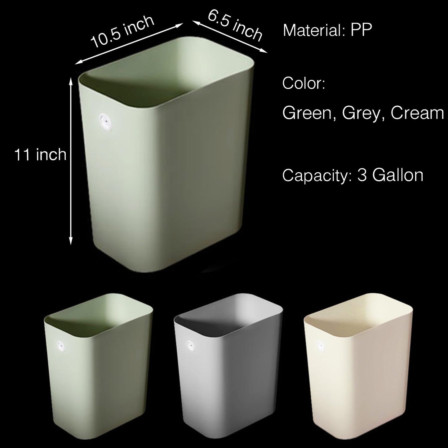 Rectanglar Small Trash Can 3 Pack, 3 Gallon/12 L Office Garbage Can Wastebasket, for Bedroom, Bathroom, Dorm, Kitchen, Under Sink, Under Desk, Plastic Trash Bin Garbage Bin– Green Grey Cream