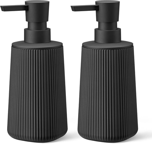 Black 2 Pack Hand Soap Dispensers with No Rust Pump for Bathroom and Kitchen Countertops Refillable Striped Matte Plastic 8.5 oz