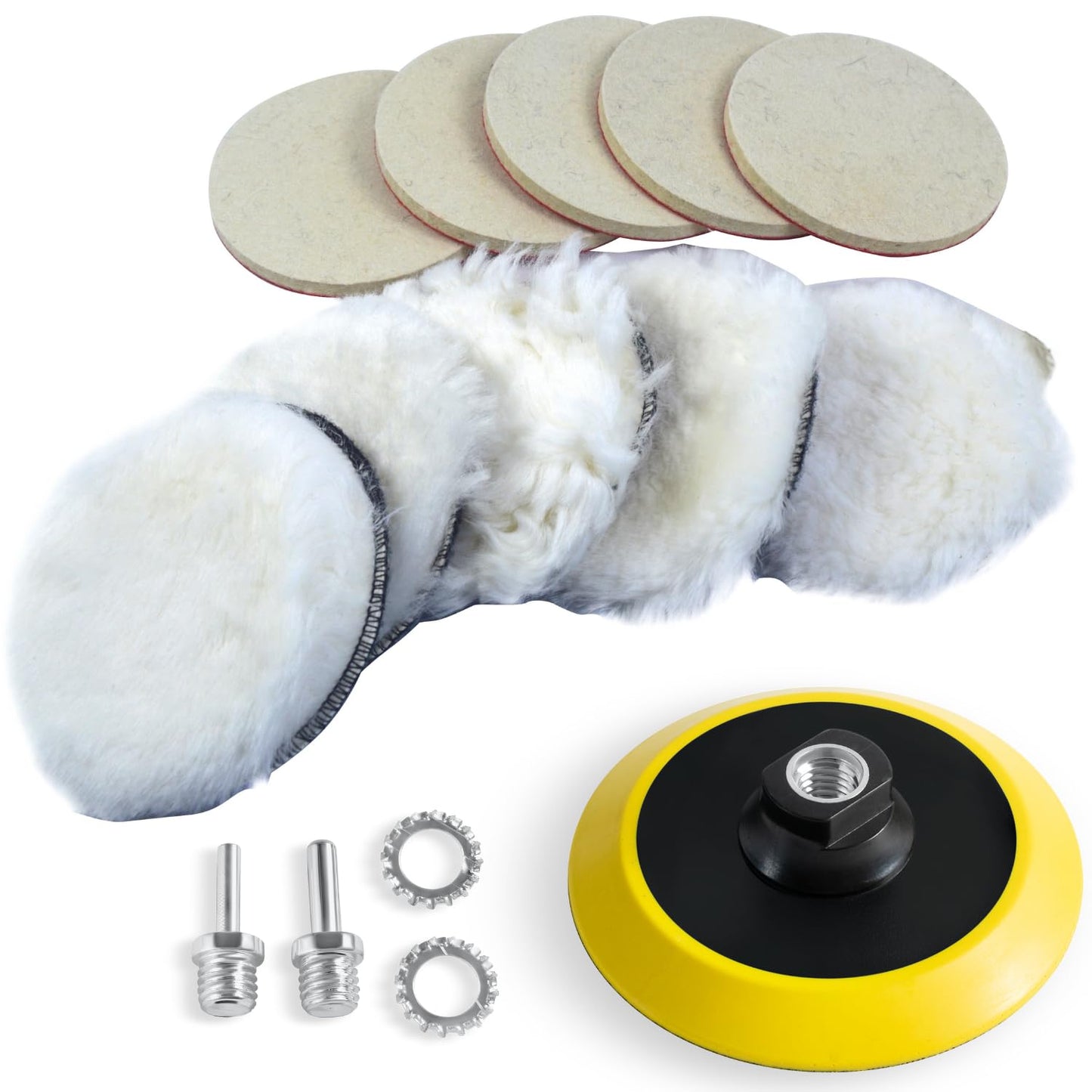 LINE10 Tools 5-Inch Wool Polishing Kit for Drill or Angle Grinder or Orbital, Includes 5 Hard Felt, 5 Soft Wool Buffing Pads with Hook and Loop, Drill Adapter Attachment, Small Car Buffer Auto Glass