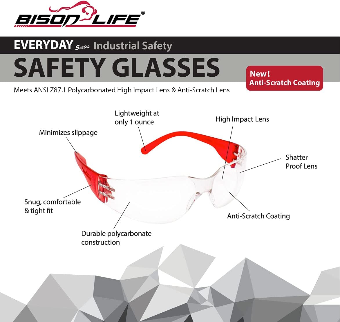 BISON LIFE Safety Glasses - Scratch Resistant Wrap Around Eyewear, Polycarbonate ANSI Z87.1 Impact Resistant Lens