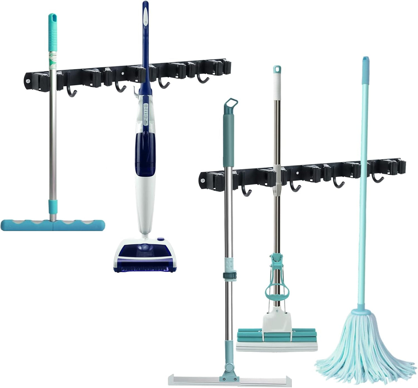 Broom and Mop Holder Wall Mount - 5 Slots and 4 Hooks Stainless Steel Mop and Garden Tool Storage Rack for Bathroom, Kitchen, Garage, Outdoor （2Pcs