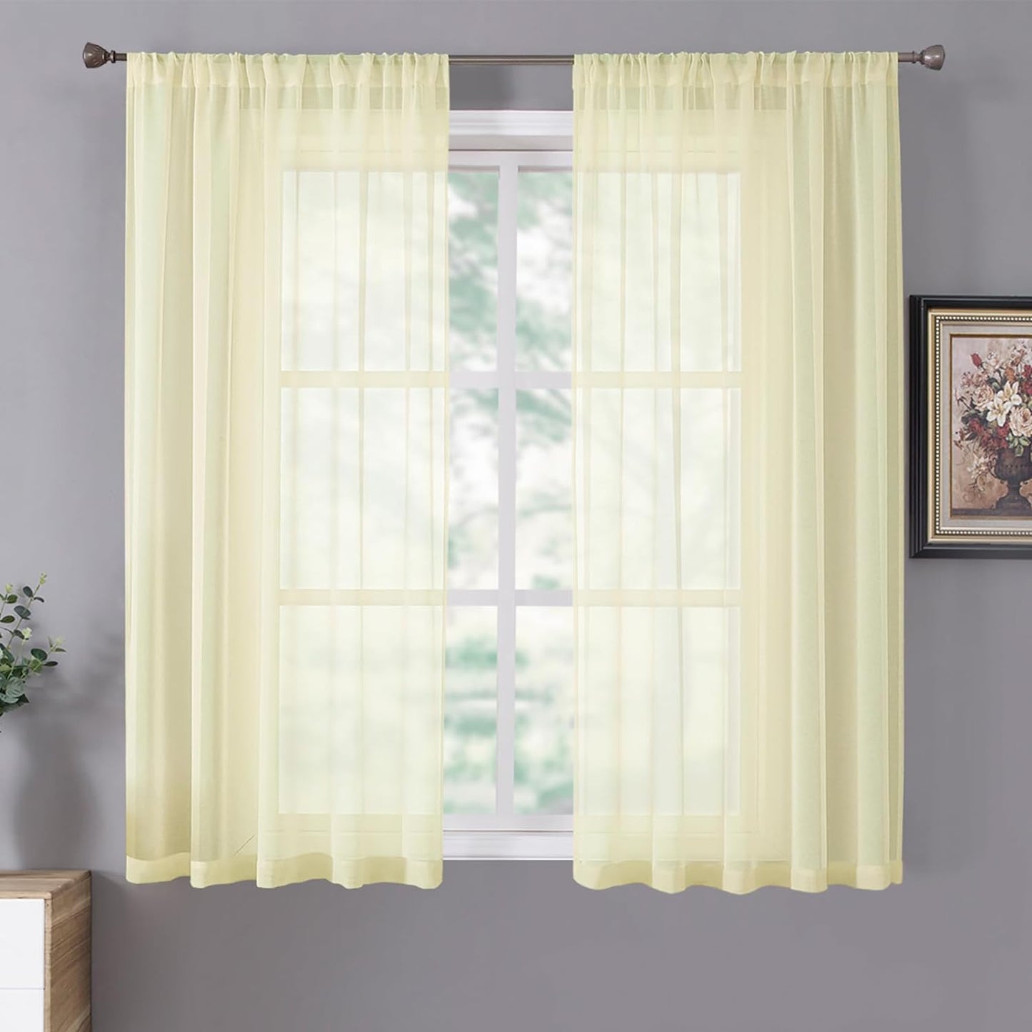 Tollpiz Sheer Curtains Living Room Linen Textured Curtain Sheers Light Filtering Voile Rod Pocket Curtains for Bedroom, 38 x 63 inches Long, Transparent Yellow, Set of 2 Panels
