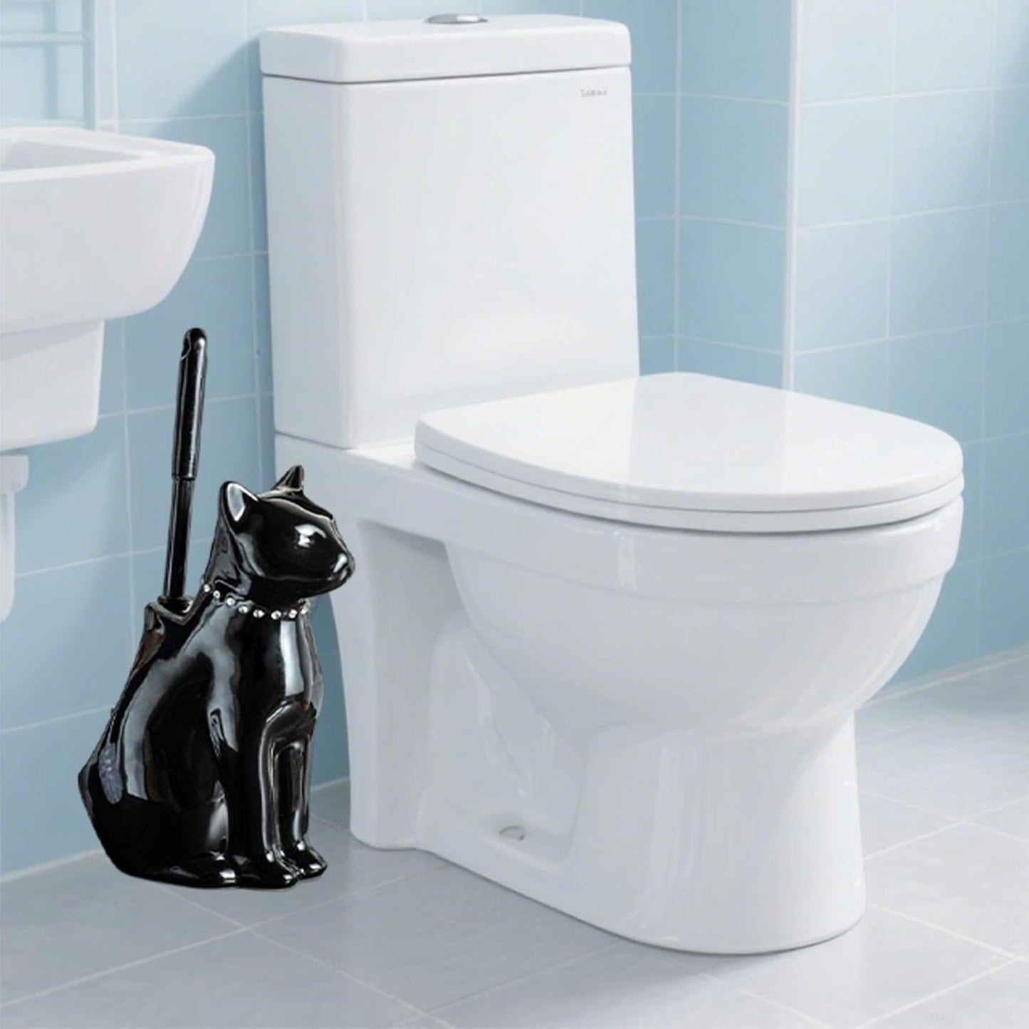 Comeon Ceramic Cat White/Black Toilet Brush and Holder Set, Plastic Handled Scrub Brush for Bathroom Cleaning,10.63"*6.3" (Black)