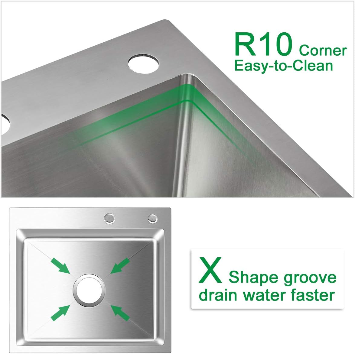 24x18 Inch Kitchen Sink Drop In, Premium T-304 Grade Stainless Steel Sink, 9" Deep Single Bowl with Brushed Finish, R10 Tight Corner,Topmount with 2 Holes, for Modern Kitchen/RV Sink