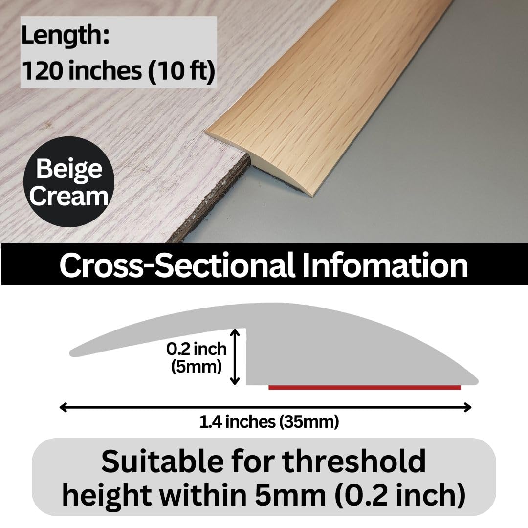 Floor Transition Strip Self Adhesive Carpet Wood Tile Vinyl Flooring Laminate Transition Cover Edge Trim Gap Doorway Threshold for Uneven Floors Heights Within 5 mm (120 inches, Beige Cream)
