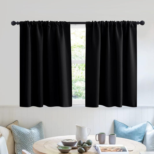 RYB HOME Short Kitchen Window Curtains 30 inches, Blackout Curtains for Girls Bedroom Heavy Duty Privacy Draperies for Camper RV Bathroom, W42 x L 30 inches, Black, 2 Panels