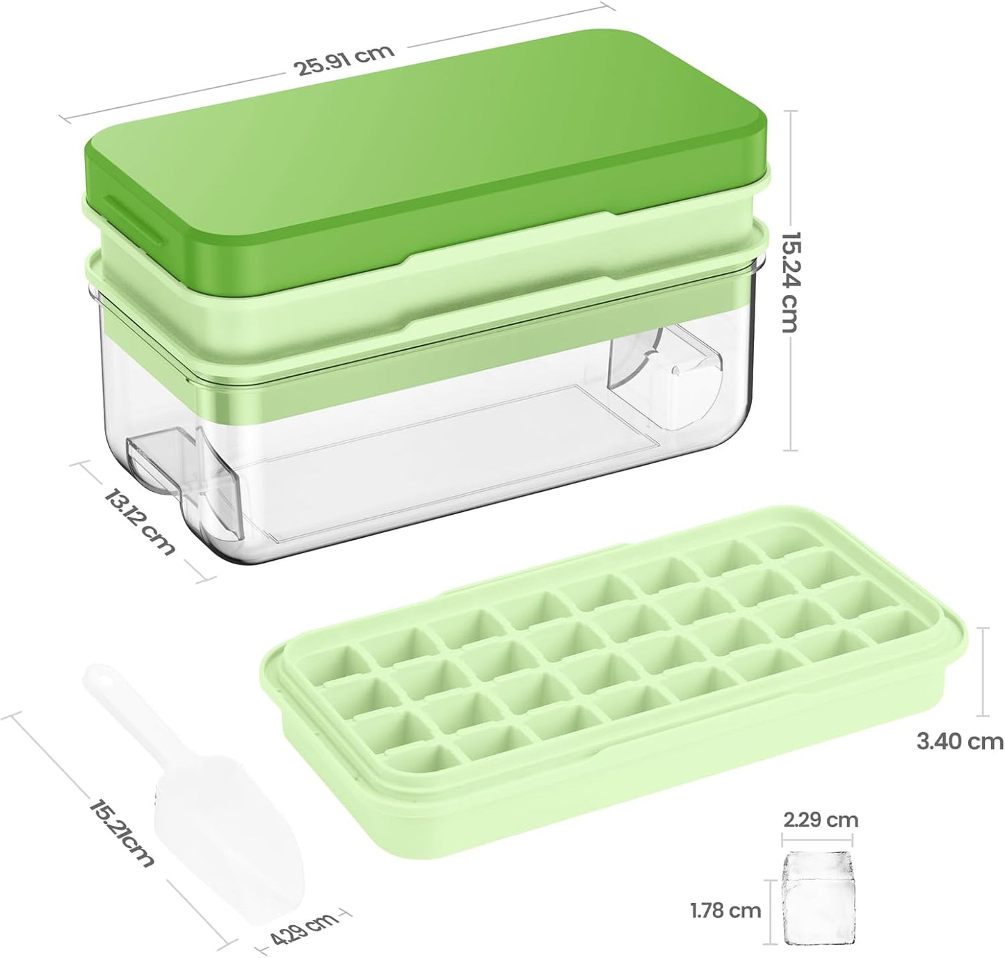 PHINOX Ice Cube Tray With Lid and Bin, Ice Trays for Freezer, Flexible Ice Cube Trays, Making 64 pcs Ice Cubes, Chilling Cocktail, Whiskey, Coffee, with 2 trays, Ice Container, Scoop&Cover, BPA Free