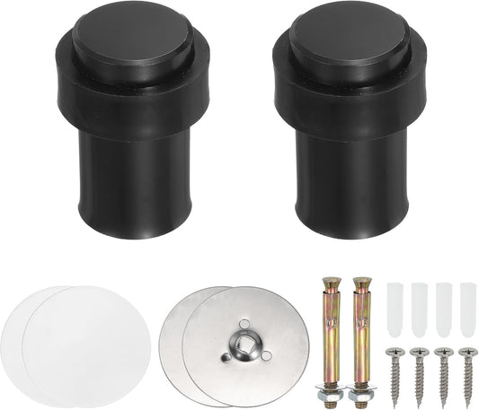 PATIKIL 2Set Round Door Stoppers, 60mm Stainless Steel Door Stop Doorstop Wedge Metal Cylinder Self Adhesive with Screw for Bottom of Door Floor Inside, Black
