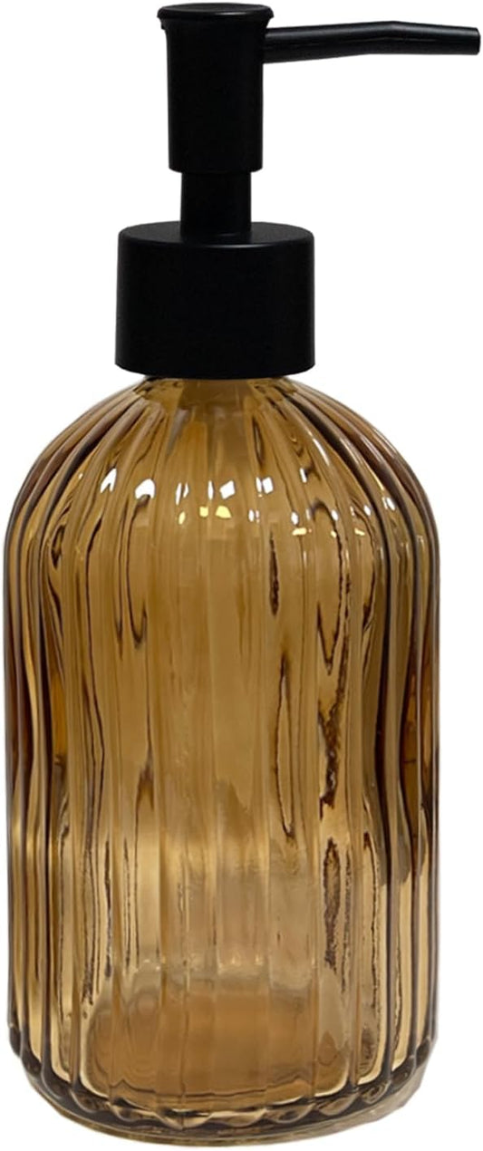 Black Pump Glass Soap Dispenser, 13.5oz Brown Stripe Countertop Refillable Liquid Bottle Hand Dish Lotion Dispenser with Plastic Pump, for Kitchen, Bathroom Countertop