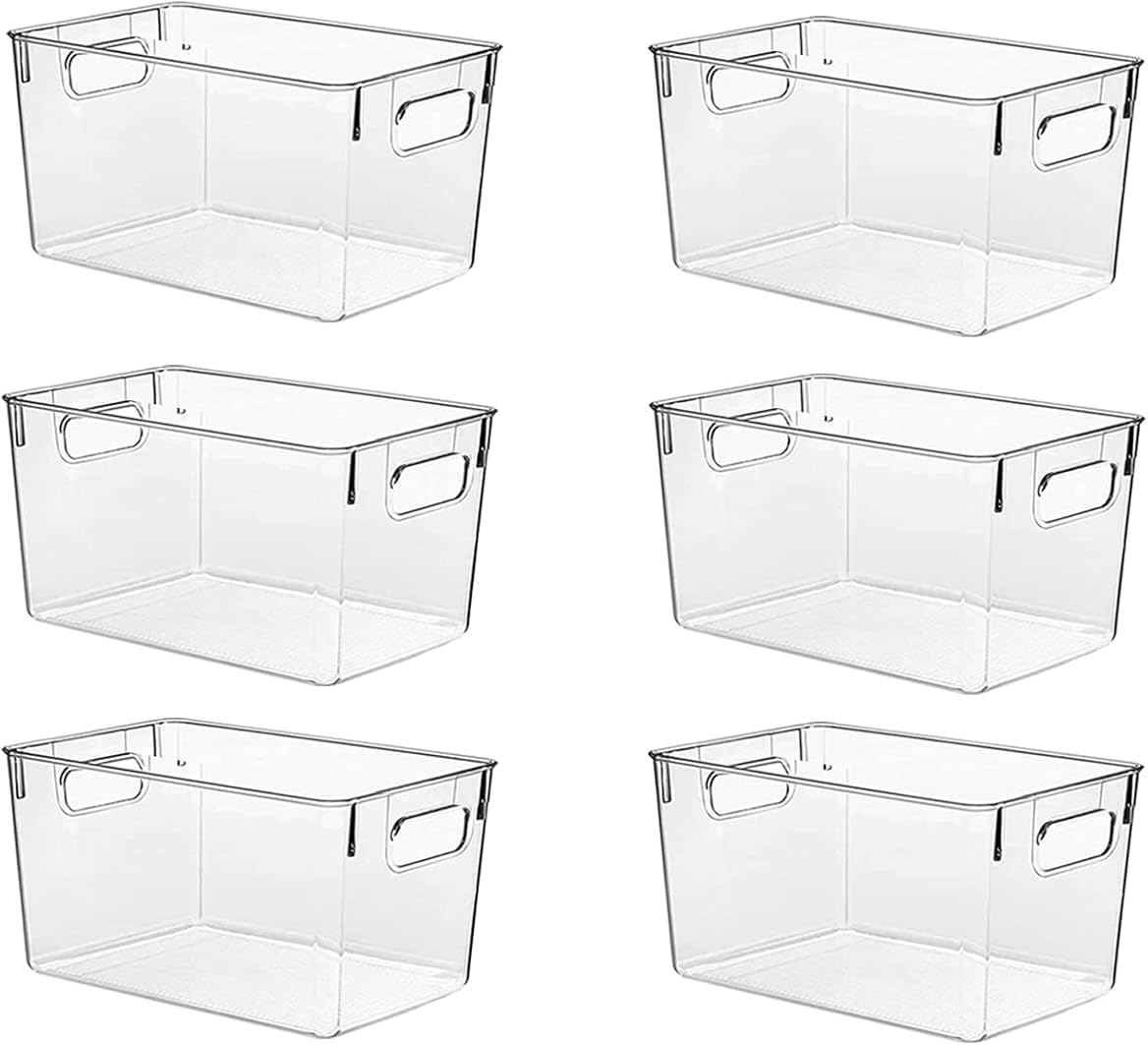 Clear Pantry Organizer Bins, Storage Containers & Plastic Containers with Handle, Cabinet Organizer, Home Organization Must Haves for Kitchen, Laundry Room, Office, Closet & Freezer (6 Pack)