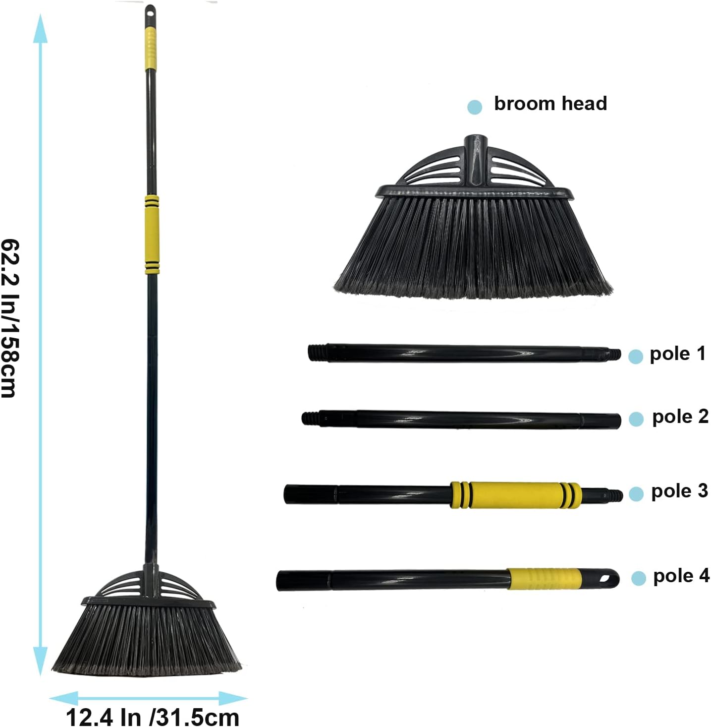 Four-Section Rod Long-Handled Broom,Heavy-Duty Broom, Angle Broom for Outdoor/Indoor（Black+Blue）