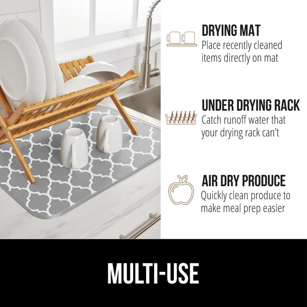 GORILLA GRIP Ultra Water Absorbent Microfiber Dish Drying Mat, 18x24, Quick Dry Mesh, Slip Resistant Pad for Sink Dishes or Under Rack, Kitchen Counter Accessories, Machine Wash, 2 Pack Quatrefoil