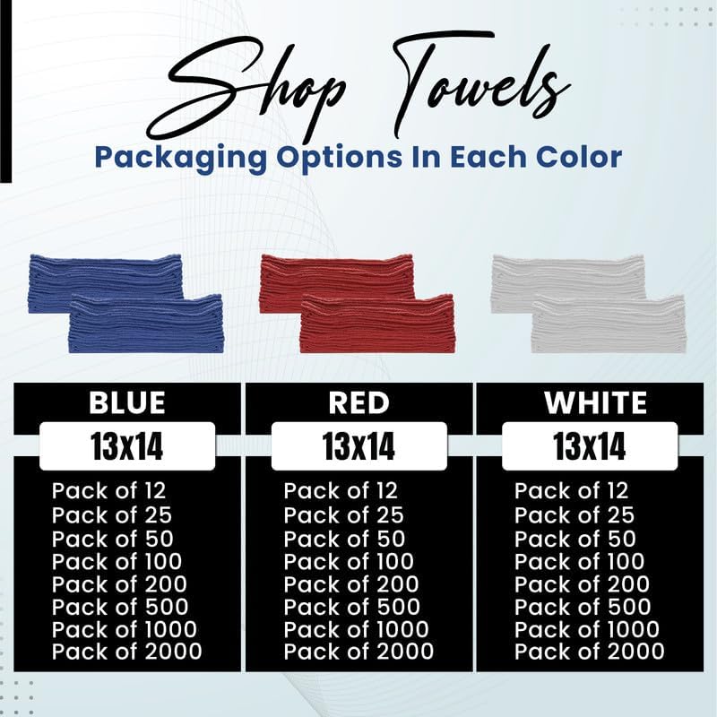 Auto Mechanic Shop Towels (13"x14"), 12 Pack (White) - 100% Cotton Commercial Grade Rags for Cleaning & Maintenance, Garage Supplies - Professional Mechanics Reusable Wipes