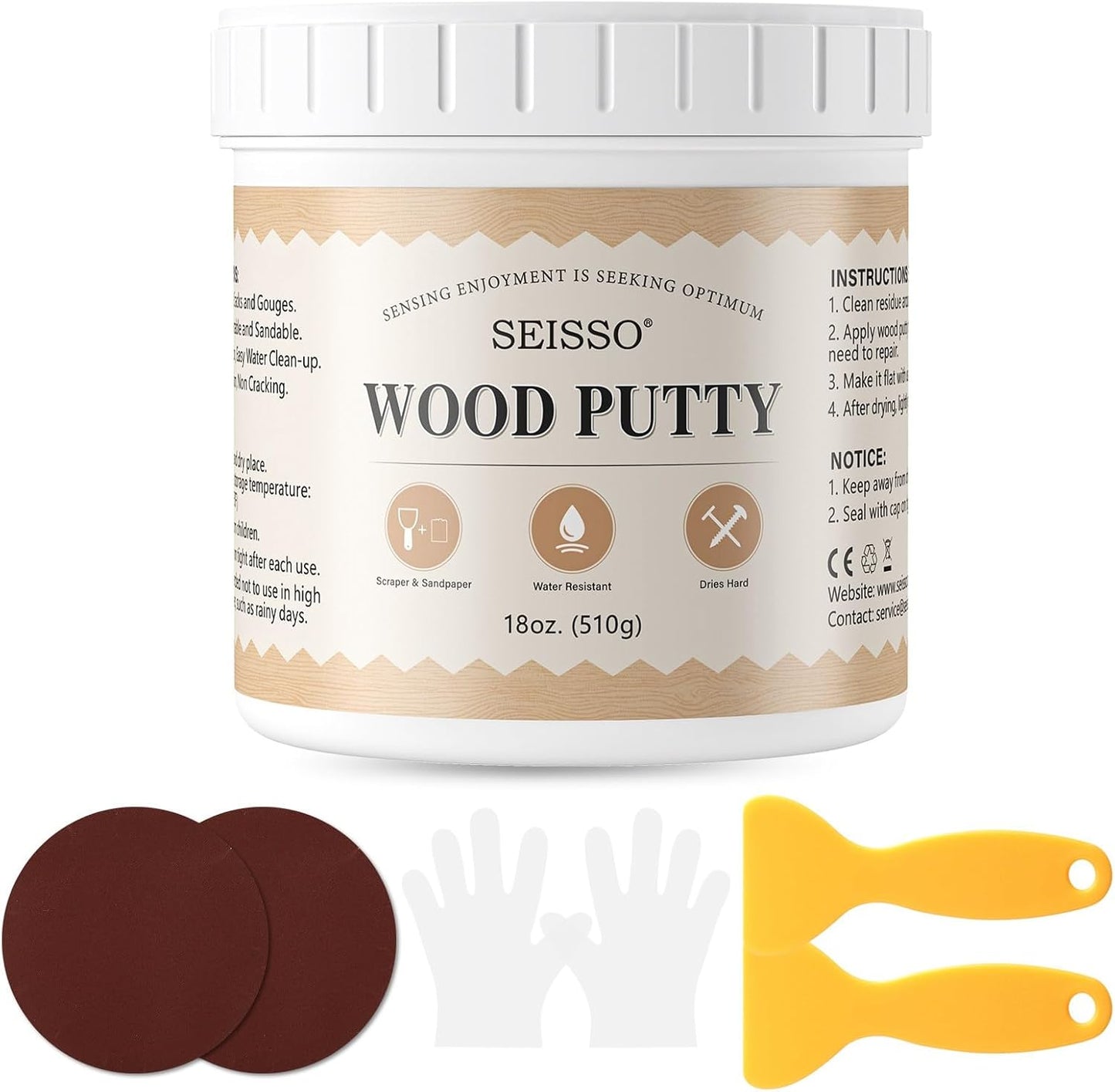 SEISSO Wood Filler & Putty - Waterproof Outdoor Wood Repair Putty, Paintable & Stainable, White Furniture Repair Kit for Wooden Cabinets, Doors, Floors, Tables