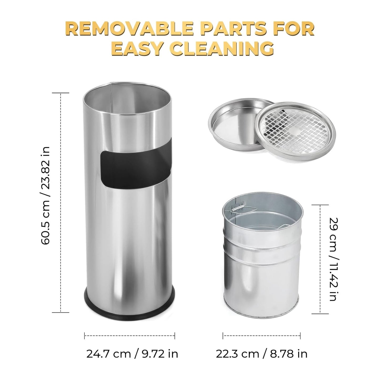 Trash Can Outdoor Waste Container Round Stainless Steel Trash Can with Removable Inner Bucket for Disposal Commercial Waste Container 9.8‘’ x 24‘’- Silver