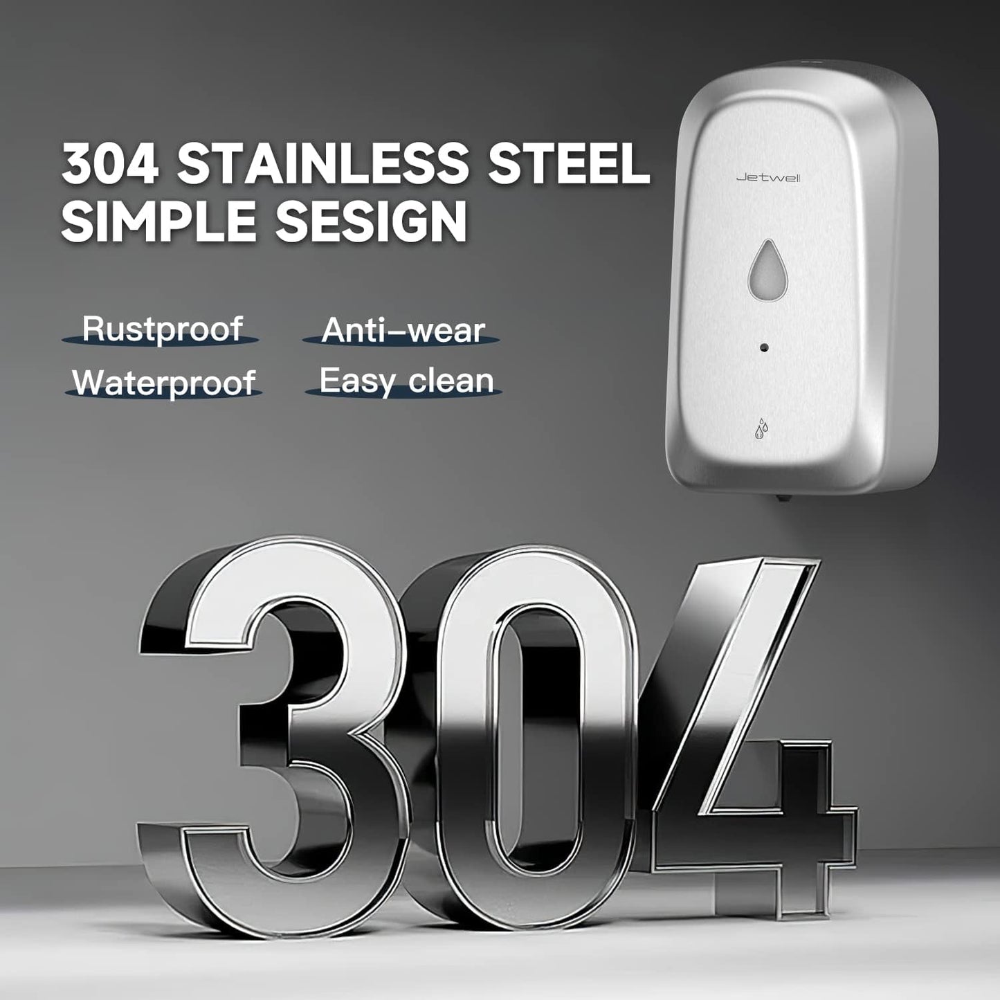 JETWELL Automatic Touch-Less Wall Mount Hand Soap Dispenser Liquid Drop Battery Operated, Brushed Stainless Steel Cover Large Capacity 34OZ/1000ML for Kitchen Home Commercial Bathroom