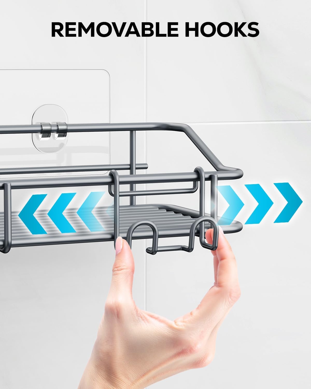 Nieifi Shower Caddy Shelf with Hooks Storage Rack Organizer Adhesive Stainless Steel Without Drilling for Bathroom, Lavatory, Washroom, Restroom, Shower, Toilet, Kitchen - 2 Pack (Gray)