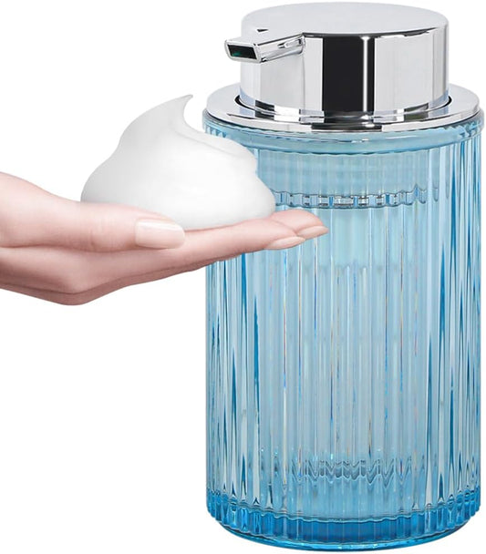 Purple Foaming Soap Dispenser, 12 Oz Glass Foaming Hand Soap Dispenser with Silver Pump, Bathroom Refillable Liquid Lotion Container Pump Ribbed Bottle for Kitchen Bathroom Decor, 1pc