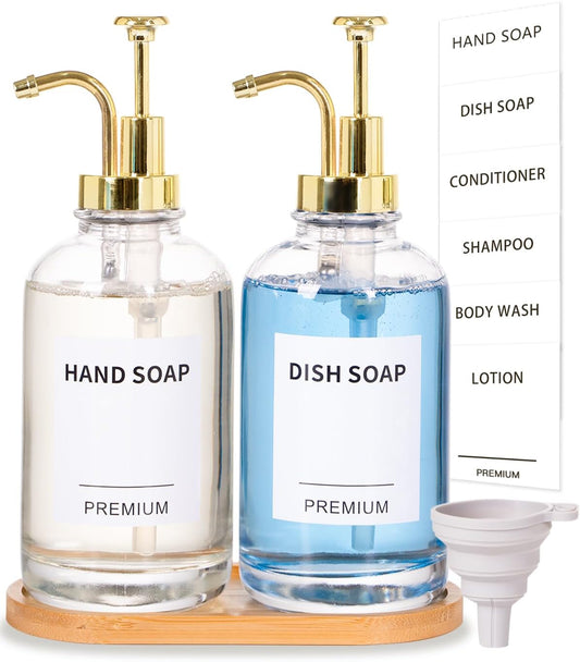Dish Soap Dispenser for Kitchen, Hand Glass Soap Dispenser Set with Pump, Tray, Funnel for Bathroom, Shower, Laundry, Liquid, Lotion (Gold 2 Pack 18 Oz Clear Bottles with 12 Stickers)