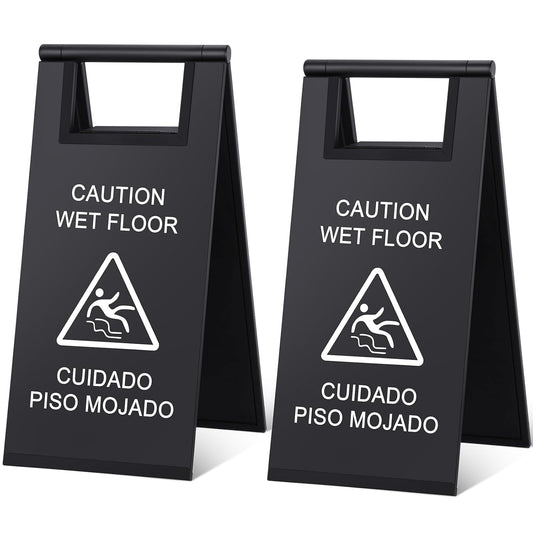 Kigley 2 Pcs Wet Floor Sign, 17 Inch Stainless Steel Caution Wet Floor Sign Double Sided Portable Foldable Bilingual Safety Warning for Hotel Market Restroom Restaurant Office (Black)
